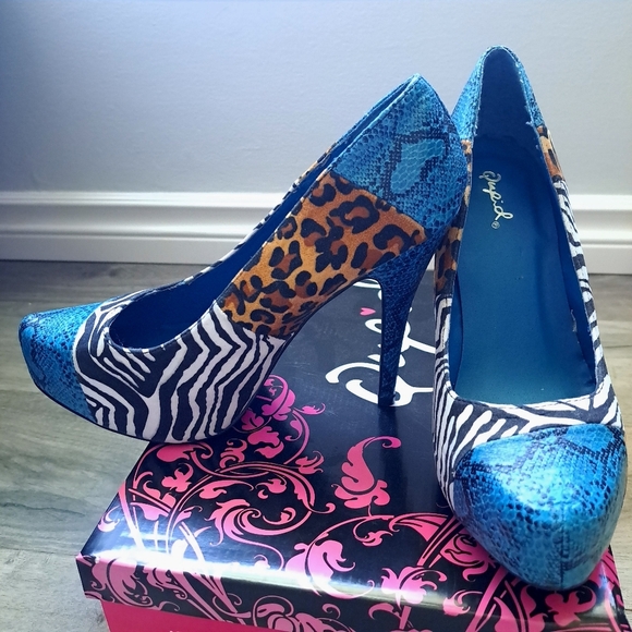 Qupid | teal / black snake fabric ~ animal print block color High heel - Picture 7 of 9